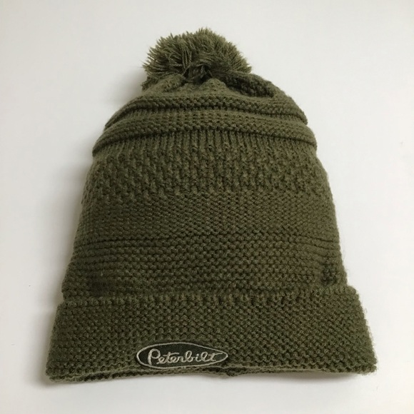 Peterbilt Big Rig Tractor Pom Knit Beanie Patch Ski Beach Skate Army Green VTG - Picture 6 of 10